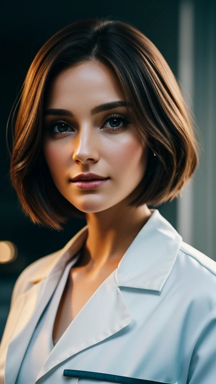 A beautiful 30-year-old girl wearing a white doctor's coat, with brown bob hair and a beautiful face stands in front of a blurred background. The high-resolution image captures every detail of your costume, and cinematic lighting adds depth and drama to the scene.

