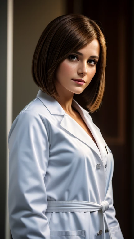A beautiful 30-year-old girl wearing a white doctor's coat, with brown bob hair and a beautiful face stands in front of a blurred background. The high-resolution image captures every detail of your costume, and cinematic lighting adds depth and drama to the scene.