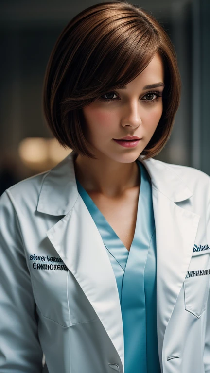 A beautiful 30-year-old girl wearing a white doctor's coat, with brown bob hair and a beautiful face stands in front of a blurred background. The high-resolution image captures every detail of your costume, and cinematic lighting adds depth and drama to the scene.