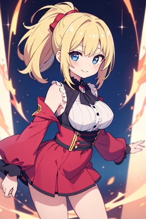 Naughty woman 、13 years old、Clothes are flapping、anime, anime movie, Twinkle smile, pale blue eyes, Blonde ponytail、plump breasts、slender、