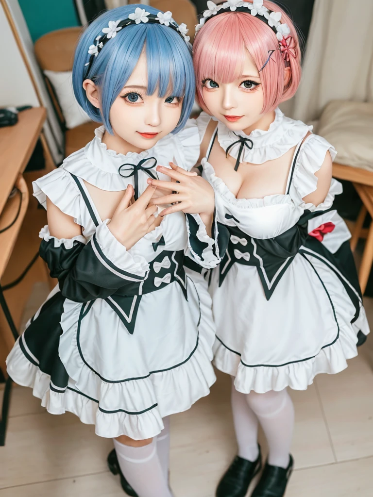 (8K, Photorealistic, Raw photo, of the highest quality: 1.3), (1girl in), Super beautiful, (Realistic face), (boyish, pink Color Berry Shorthair), Beautiful , Glare that captivates the viewer, Beautiful expression, Beautiful breasts, (Realistic skin), Be...Create a detailed and colorful image of Ram and Rem from Re:Zero, standing back-to-back in their maid outfits, with a magical fantasy background、14years old, two girls,cute, perfect face, beautiful, nice body, gothic lolita clothes, gothic lolita fashion, frilly skirt, headdress, necklace, bracelet, knee-high socks, boots, double eyelids, tear bags, Detailed down to the fingers, photo-like description, indoors, dim indoor lighting, one girl is pink hair and short bob, another girl is light blue hair and short bob,standing,whole body, composition that shows the whole body, smiling,The Both of them are wearing the same type of maid outfit,Optimal ratio of 4 fingers and 1 thumb