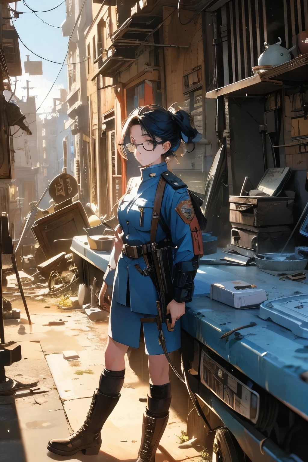 Wide angle, a pretty girl messenger, wearing large glasses, undercut hair, wearing postal uniform, in a post-apocalyptic world