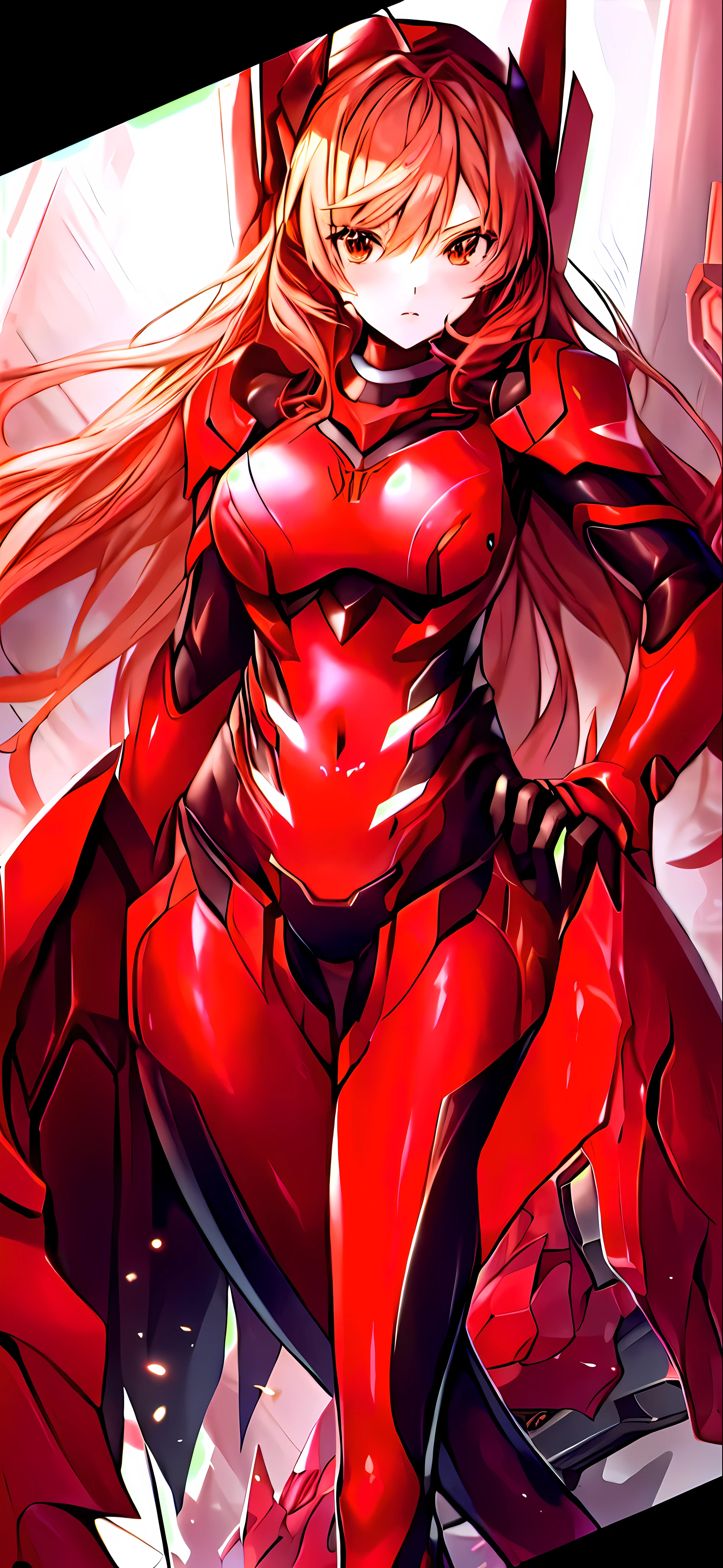 anime girl in red outfit with horns and cape, red armor, lady in red armor, zero two, girl in mecha cyber armor, high-tech red armor, full body zenkai! asuka suit, asuka langley, asuka langley sohryu, asuka langley soryu, red heavy armor, asuka langley souryuu