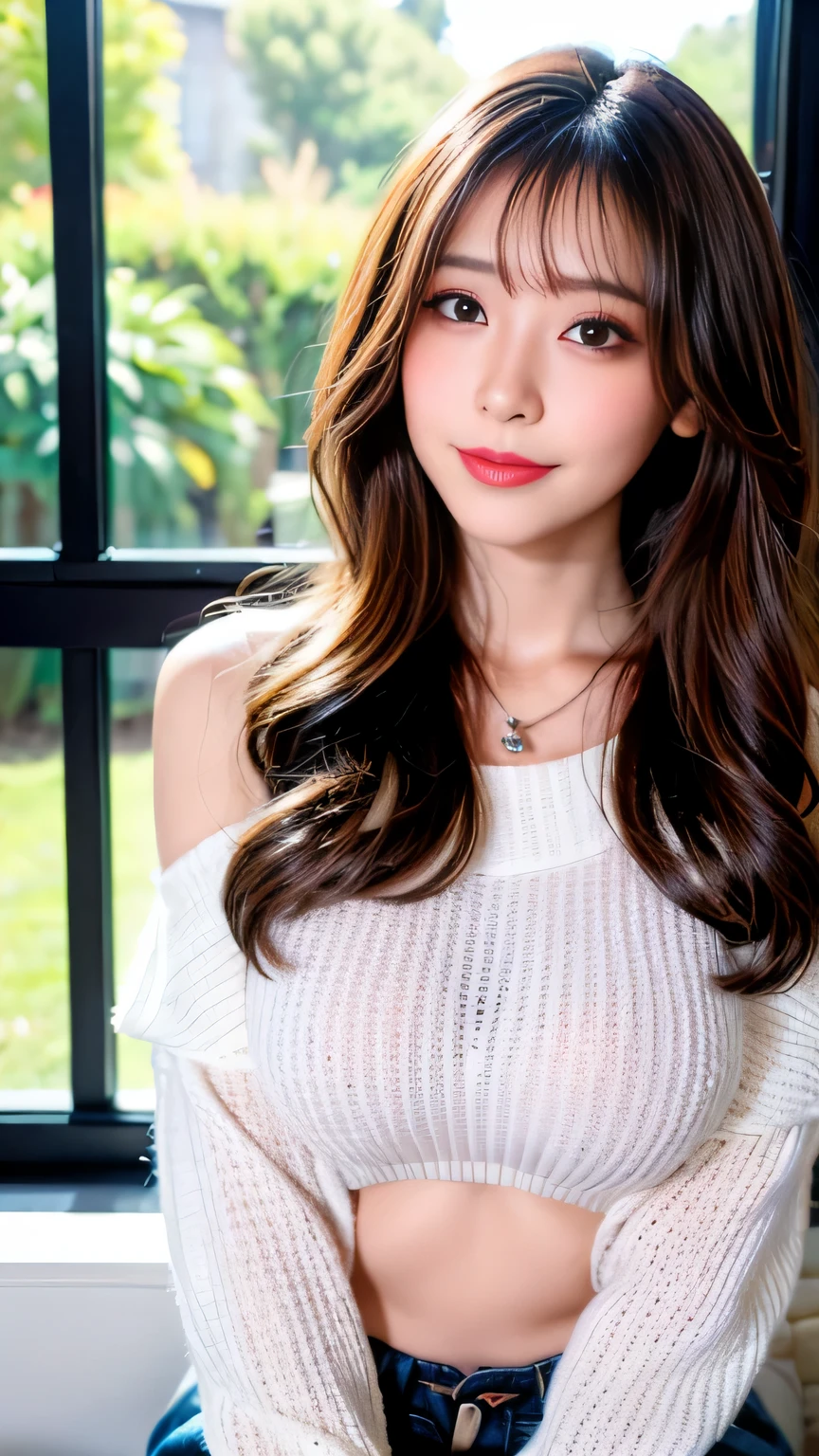 Full Body Angle、((highest quality, 8K, masterpiece: 1.3)), concentrated: 1.2, Cute girl 1,Nipples erect、Braless walk、 Perfect beauty: 1.4,Striped drop shoulder sweater: 1.2,Long sleeve、randal color、comics&Text Graphics、Black ruffle-trimmed drawstring zip blouse,1.1, Highly detailed face and skin textures, Fine grain, double eyelid, whitening skin, ,highest quality,Ultra-high resolution,you,1 girl,alone,_Shiny_skin,Iris,necklace,((Brown_length_Wavy_hair)),(lips)),eyelash,Front hair,deal with,compensate,Shiny,pore,skin texture,Large Breasts、smiling face、living、