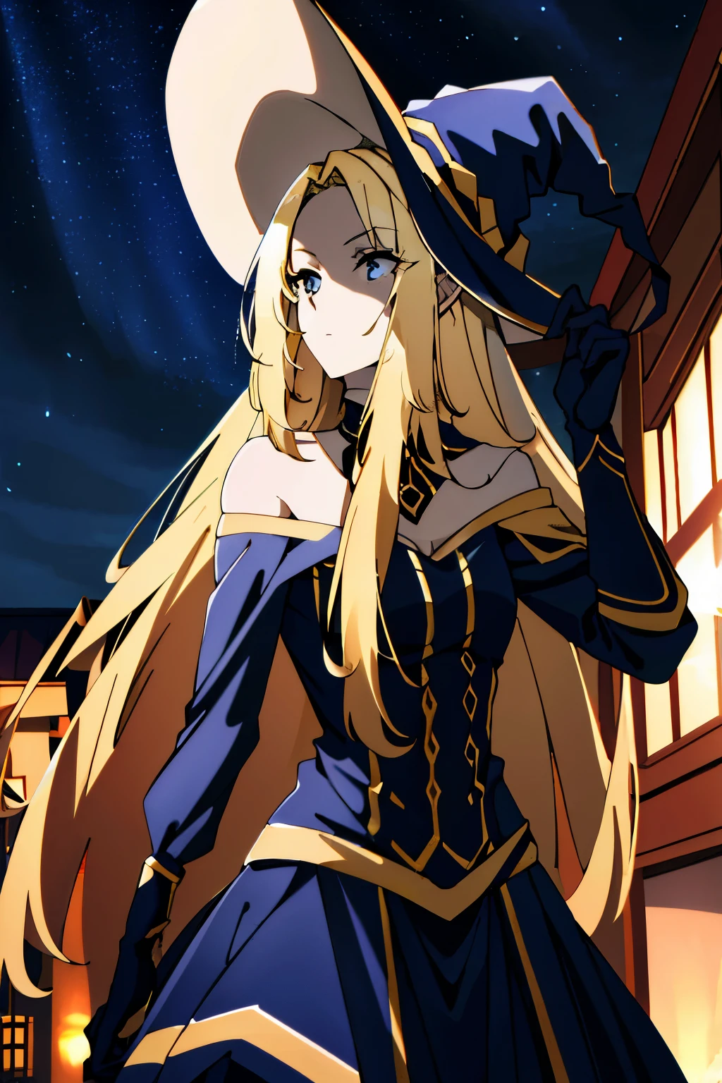 ((Masterpiece:1.2, Best quality)), Alpha, Solo, (Witch hat), Blonde hair, Long hair, dress, aurora, Night, Star (sky), mitts, sky, White dress, Night days