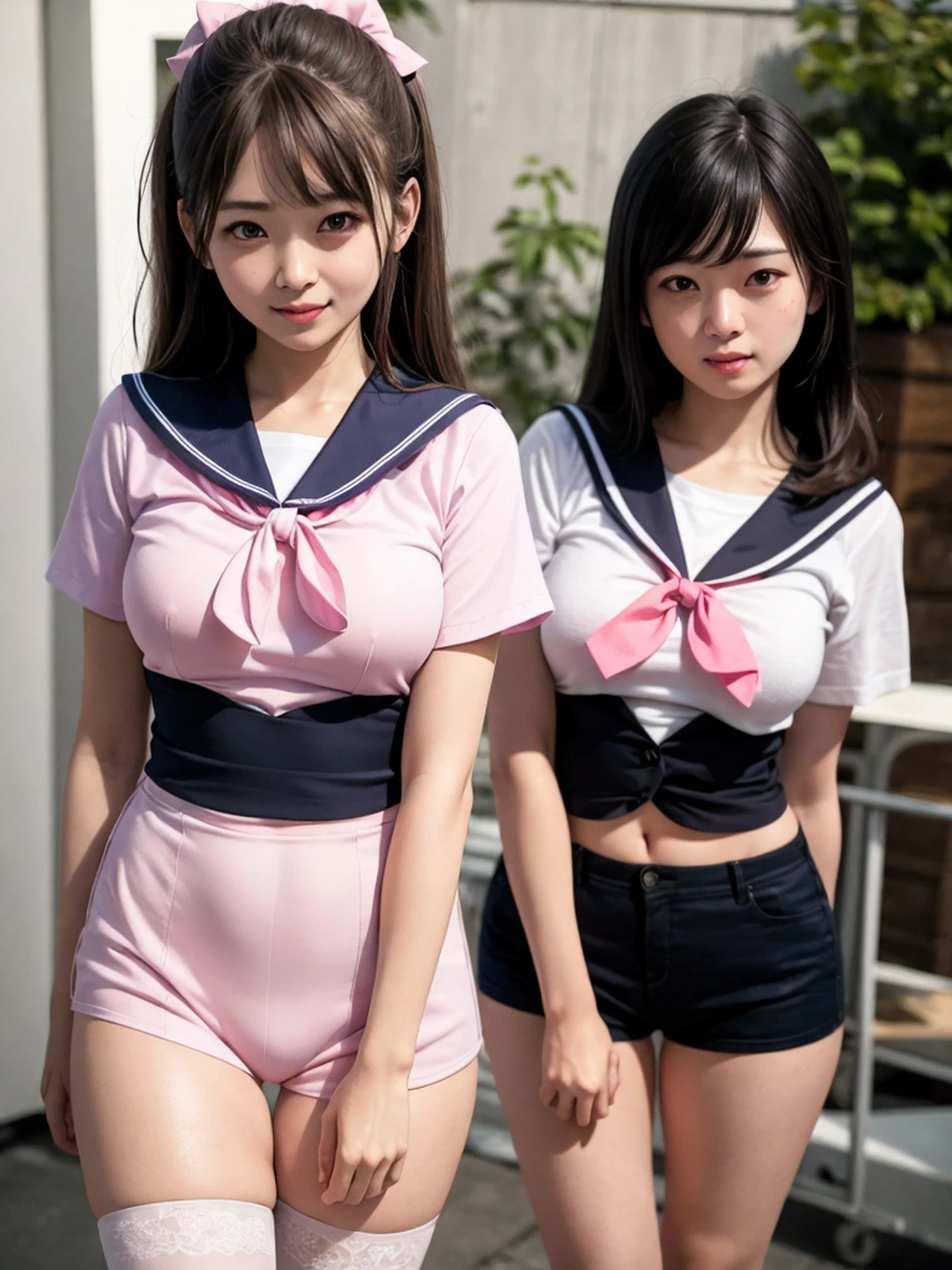 ((Great quality,Great quality,high quality, very beautiful,beautiful, 最high quality, Realistic)),Real Life,One girl,beautiful girl,((Very ))small,((Magical girl)),Blunt bangs,short sideburns,Dark green hair,Brown eyes,Round eyes,Red Bow, ,10 years olgs, short ponytail, ((Big Breasts)), ((Pink sailor collar)), Thighs, {Pink knee socks}, Frilled knee socks,Detailed body,photograph,Shadow,3D, Heart Brooch, {{pink elbow_gloves)), Pink and white outfit,swollen_short_sleeve,{marching band},Rhythmic,texture,{Covered navel},Magical Effects,Idol Pose,smile,Navel exposed, View your viewers, ((Transform your clothes, dance,thank you, 最high quality, Great quality, very beautiful, Absurd))、Browsing Caution:0.99