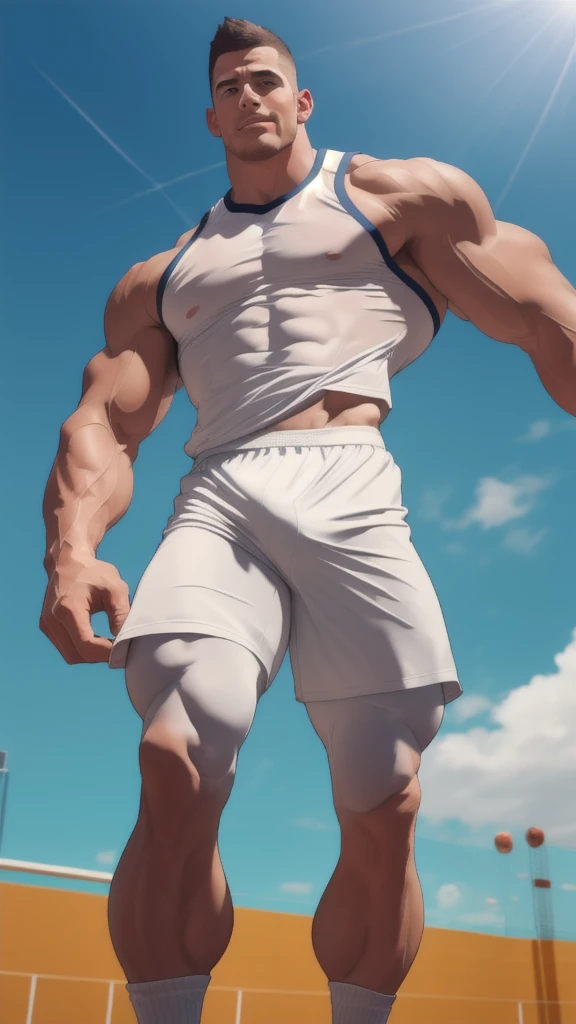 Full male athlete picture, Standing in the center court of the gym, He wears a high-end transparent white tight-fitting sportswear, The man looks confident and determined, sunshine, big breasts cheerful, Good-looking, Crew cut, full bodyesbian, shooting from below,