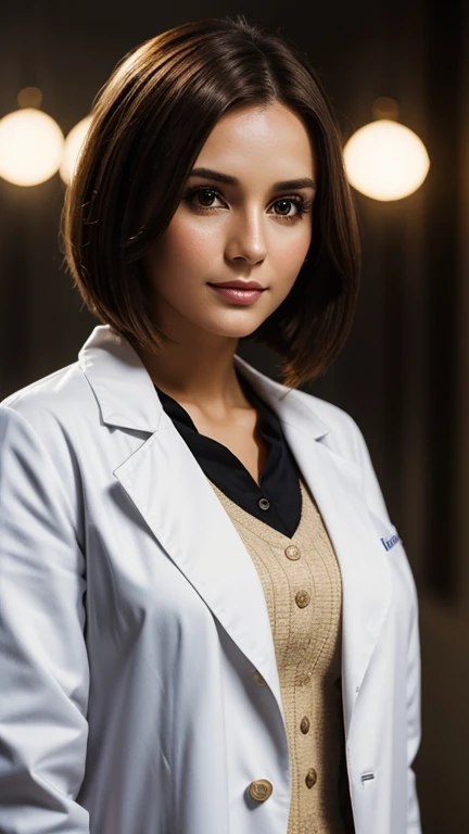 A beautiful 30-year-old girl wearing a white doctor's coat, with brown bob hair and a beautiful face stands in front of a blurred background. The high-resolution image captures every detail of your costume, and cinematic lighting adds depth and drama to the scene.