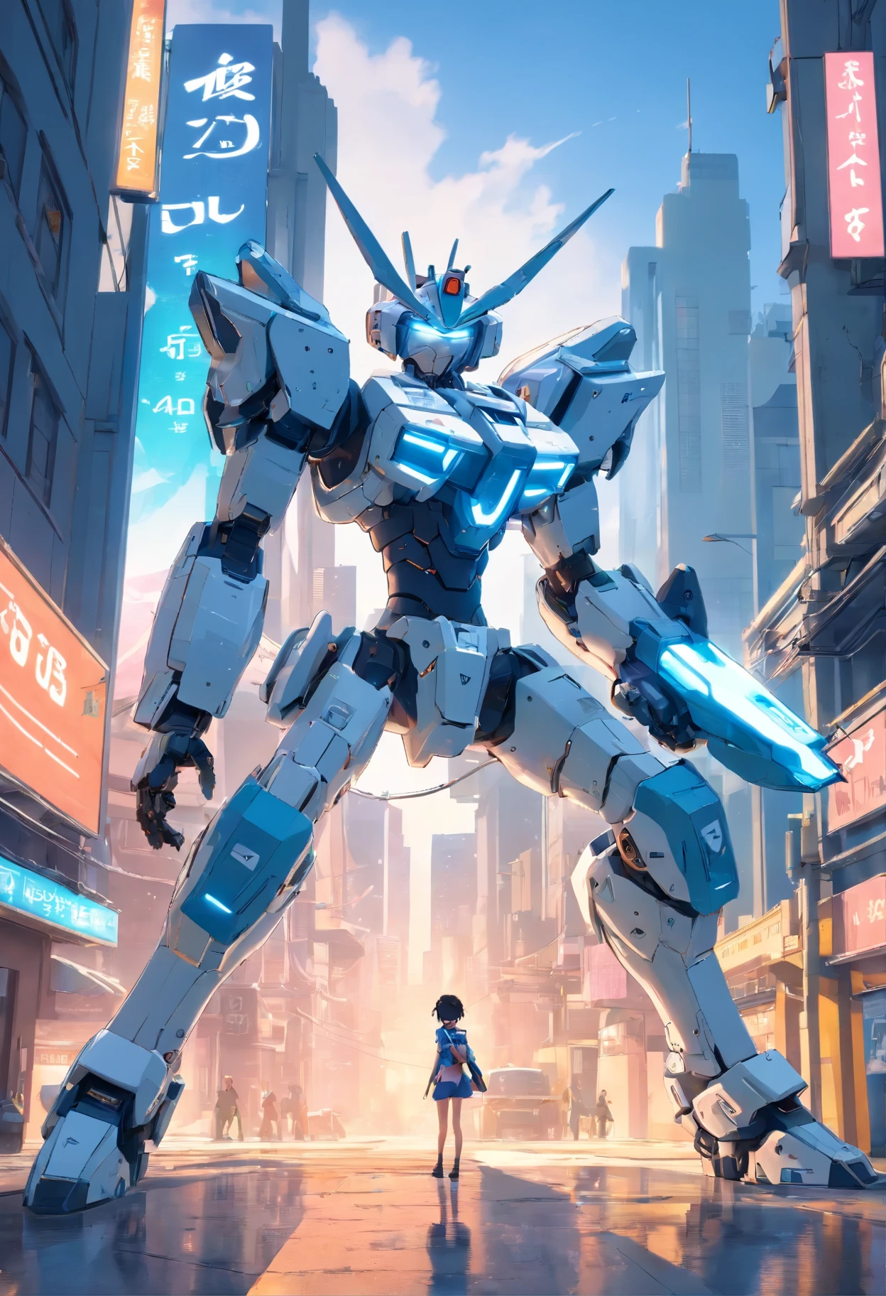 ((Best Quality)), ((Masterpiece)), (Very Detailed:1.3), 3D, Shitu-mecha, Beautiful cyberpunk woman wearing a crown with her mecha in ruins of a city of forgotten wars, streets with mecha in firefight, long silver hair, sci-fi technology, HDR (High Dynamic Range), ray tracing, NVIDIA RTX, super resolution, Unreal 5, subsurface scattering, PBR texture, post-processing, anisotropic filtering, depth of field, maximum sharpness and sharpness, Multi-layer textures, albedo and specular maps, surface shading, accurate simulation of light-material interactions, perfect ratios, octane rendering, duotone lighting, low ISO, white balance, rule of thirds, wide aperture, 8K RAW, efficient sub-pixels, subpixel convolution, luminous particles, light scattering, Tyndall effect