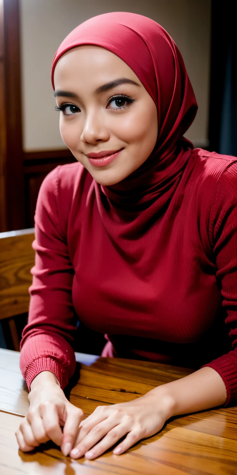 1 young malay girl in hijab, wearing red sweater, soft smile, blushing cheek, dining table, upper body shot, breast resting on table, hands on the table, (8k, RAW photo, best quality),