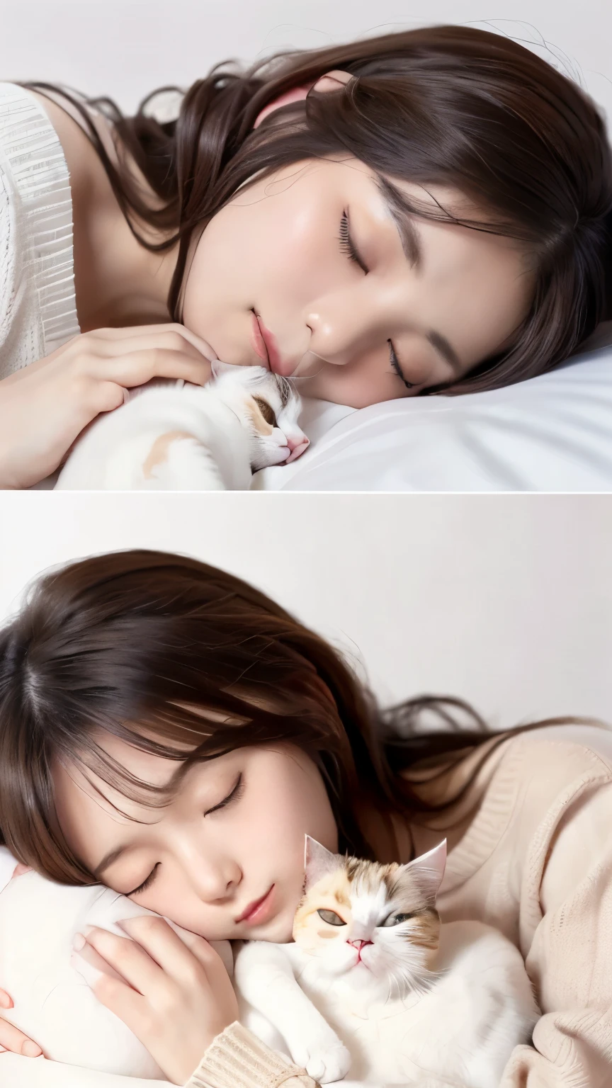 masterpiece, 4K, Bokeh, (cute:1.5), (beautiful girl:1.3), (Japanese Idols:1.6), (Cat ear:1.3) , (sweater:1.3),  (I like cats:1.6), Blushed,  (Holding a sleeping white cat:1.5), (Kiss the cat:1.3), (White Background :1.4), 