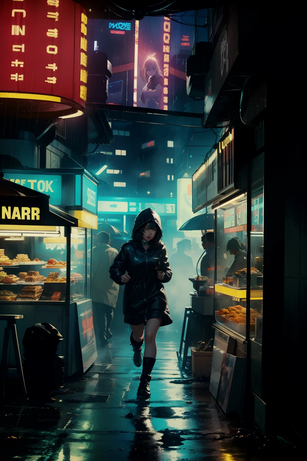 ((highest quality)), ((masterpiece)), (be familiar with), (High definition), (Accurate), (Realistic), (Cinematic), (Best Shadow), (Low contrast), (8K), Perfect Face, ((SYD MEAD style)), manga、mangaデザイン、Storyboard、Frame division、(Action Scenes), ((1 Woman is running away))、((Replicant, Black Hair, very short hair, Blue Eyes)), (Black hooded raincoat)、((Walking through the food stalls))、Glittering neon signs、congestion, congestion, Decadent Future City, NEO TOKYO, A.D.2051, (steam:1.2), It's raining white, evening, ((Close-up of a woman's face))