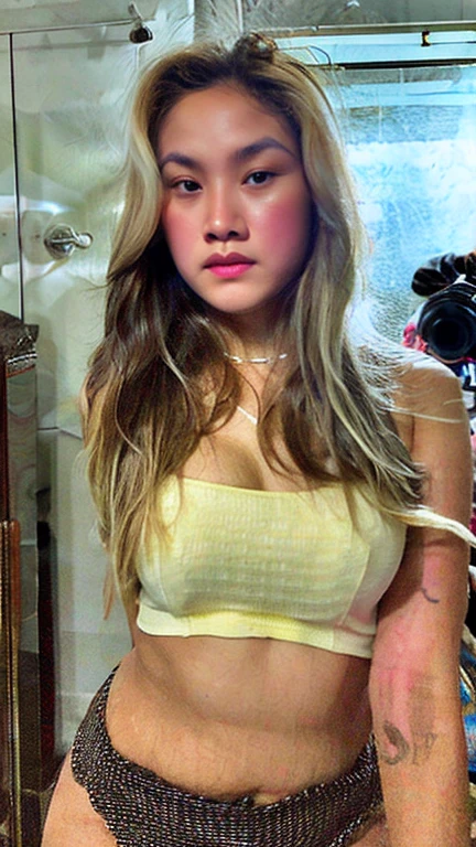 1girl in, alone, Indonesian Faces, selfie,blonde long hair, flashy, room :1.2 , Looking at the viewer, 3/4 potrait body