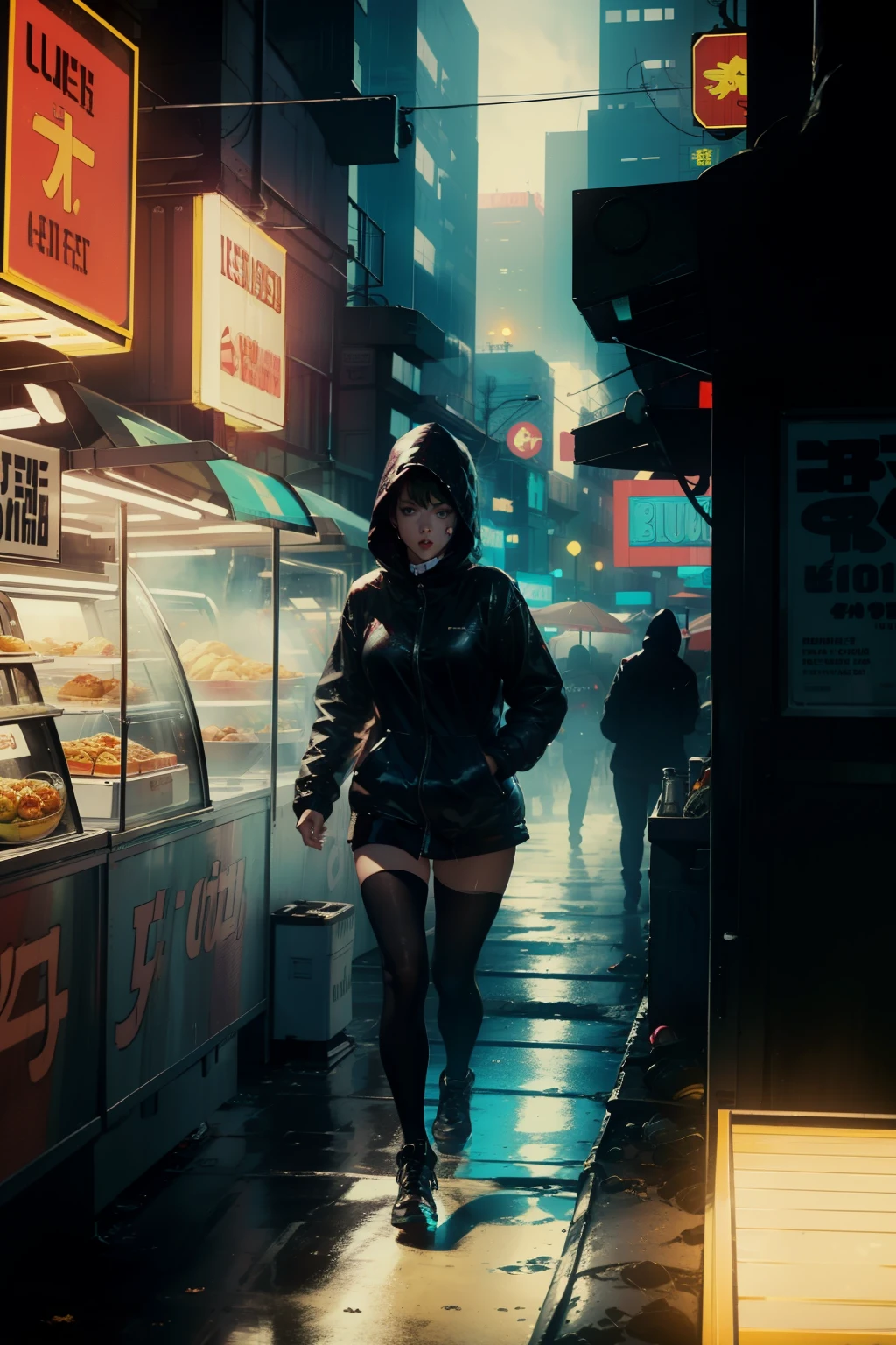((highest quality)), ((masterpiece)), (be familiar with), (High definition), (Accurate), (Realistic), (Cinematic), (Best Shadow), (Low contrast), (8K), Perfect Face, ((SYD MEAD style)), manga、mangaデザイン、Storyboard、Frame division、(Action Scenes), ((1 Woman is running away))、((Replicant, Black Hair, very short hair, Blue Eyes)), (Black hooded raincoat)、((Walking through the food stalls))、Glittering neon signs、congestion, congestion, Decadent Future City, NEO TOKYO, A.D.2051, (steam:1.2), It's raining white, evening, ((Close-up of a woman's face))