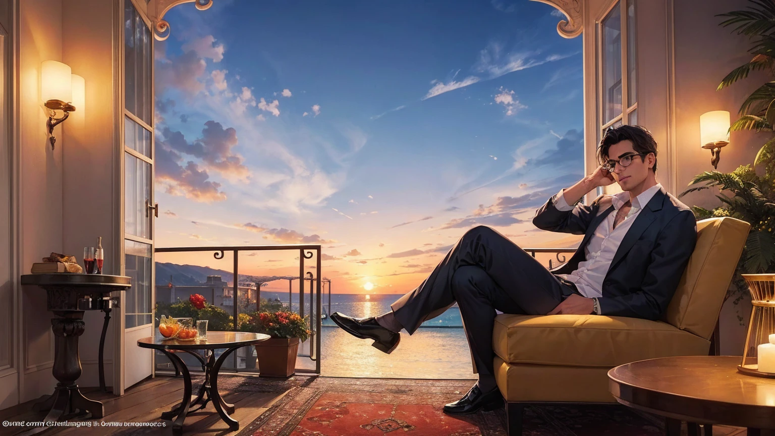 A man, the resurrection appearance of Emperor Constantine. This man is a friendly travel writer and a ruthless journalist. He exudes the charm of a mature adult. The scene is set in the picturesque landscape of Varna, Bulgaria. The man is lounging in the luxurious and elegant lounge of a hotel. He is relaxing comfortably on a velvet sofa, enjoying the atmosphere of a resort. It's a perfect evening for him to unwind and enjoy the beautiful view. The image should be of the highest quality, with a resolution of 4k, 8k or higher. It should be ultra-detailed and realistically rendered, capturing every minute detail. The colors should be vivid and the lighting should create a romantic ambiance.