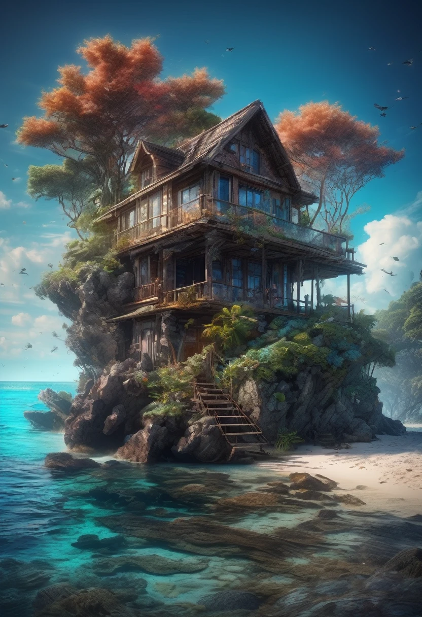Blue Coast, "Stunning photo realistic image of a small cozy beach house on a small uncharted paradise island surrounded by clear water with colorful coral reefs under the water!" by Awwchang and James_Christensen and CGSociety and Carne_Griffiths, ultradetailed, intricate, maximalist, ultra_quality, 8k , beautiful_composition, sunset , pale muted colors