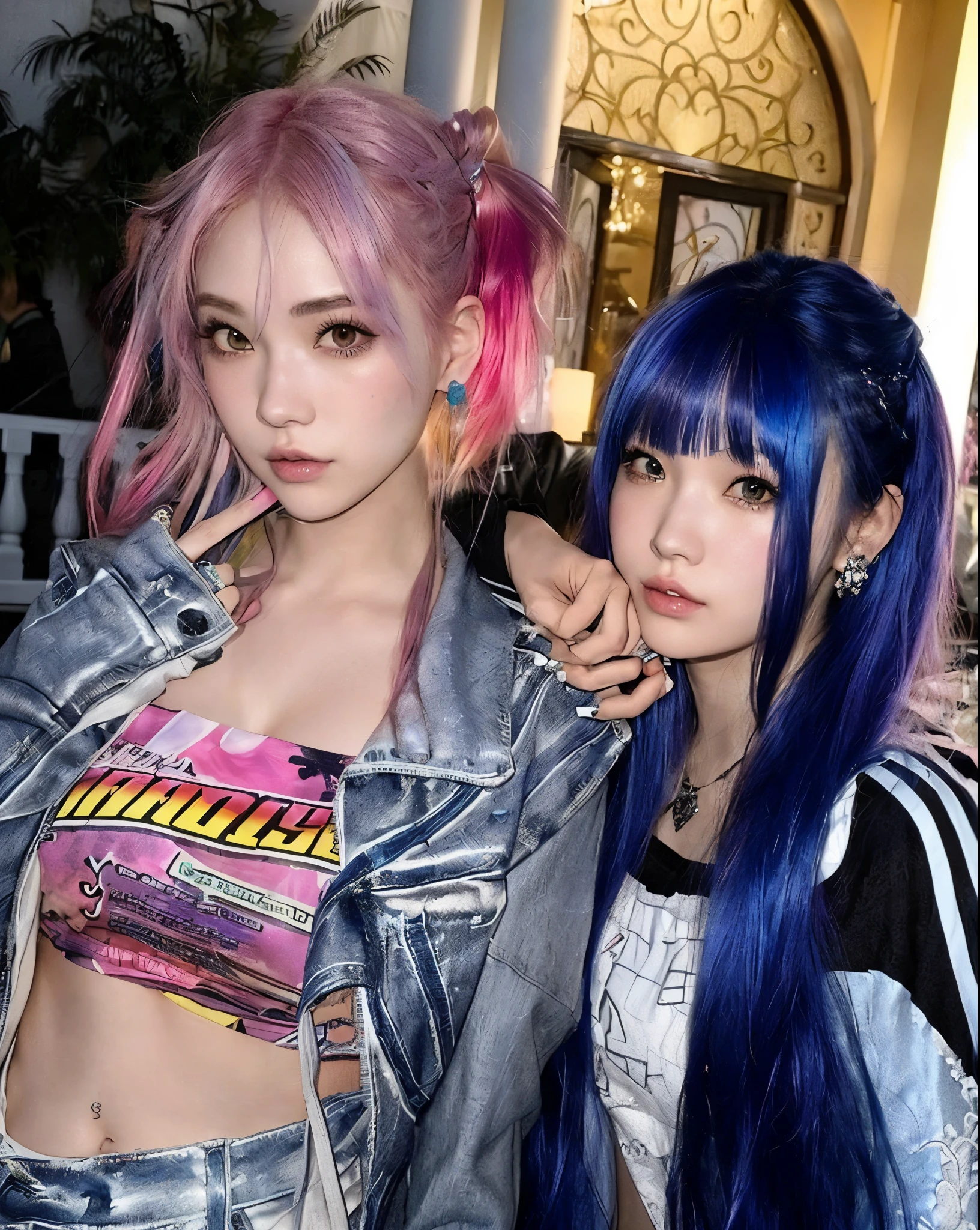 two women with blue hair and pink hair posing for a picture, nixeu and sakimichan, 8 0 s anime vibe, harajuku hair, pink and blue hair, sakimichan and frank franzzeta, blue and pink, ayami kojima and lyde caldwell, she looks like a mix of grimes