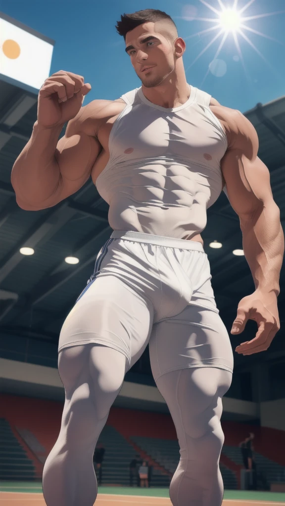 Full male athlete picture, Standing in the center court of the gym, He wears a high-end transparent white tight-fitting sportswear, The man looks confident and determined, sunshine, ??????????? cheerful, Good-looking, Crew cut, full bodyesbian, shooting from below,