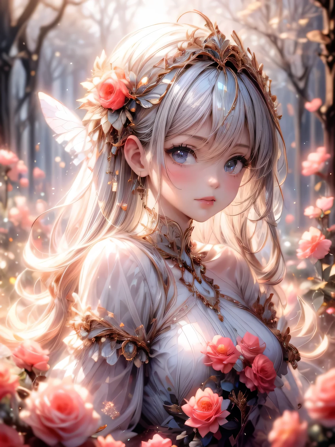 masterpiece: 1.2, highres,32k, photorealistic: 1.37, ultra-detailed: 1.2, flower fairy, crimson transparent dress (flowing), beautiful delicate(hair,face,eyes,lips,clothes),delicate pupils,sparkling eyes,brilliant rosy lips,classic garden, colorful flowers, shower of light
