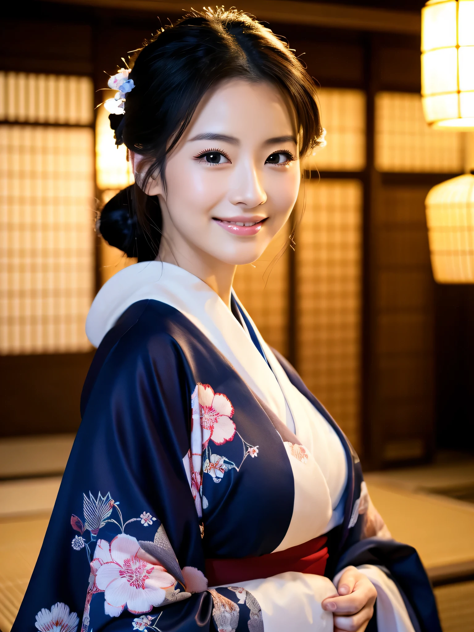 (Super beautiful woman in kimono)、((highest quality、8K masterpiece:1.3))、sharp focus:1.2、(super beautiful face:1.0)、(shiny skin:1.0)、realistic pictures、black hair、video lighting、High resolution eyes and face、video lighting、japanese actress、from the front、big breasts、with a happy smile、Slender abs beauty、whole body、wearing a kimono、in Kyoto、luxury obi、In Kyoto at night