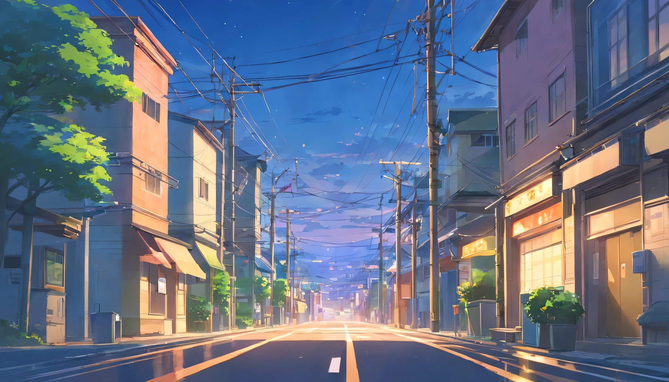 There is a painting of a road with wires and poles, anime countryside landscape, Anime background art, Anime landscape, Highly detailed illustration.”, anime style cityscape, Makoto Shinkai's style, anime backgrounds, Anime landscapes, in the style of makoto shinkai, drawn in anime painter studio, beautiful anime scenery, Anime landscape concept art, low details. Digital painting