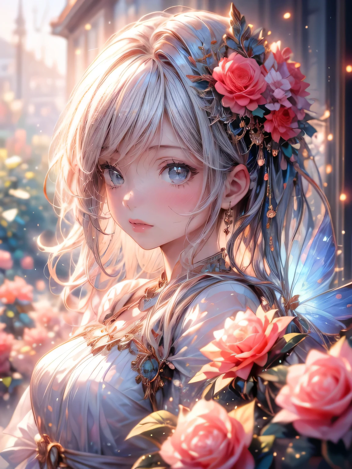 masterpiece: 1.2, highres,32k, photorealistic: 1.37, ultra-detailed: 1.2, flower fairy, crimson transparent dress (flowing), beautiful delicate(hair,face,eyes,lips,clothes),delicate pupils,sparkling eyes,brilliant rosy lips,classic garden, colorful flowers, shower of light