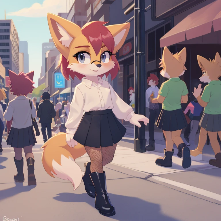 score_9, score_8_up, mobian, fox, 1girl, solo, red fur, red hair, blue highlights, streaked hair, (half-rim) glasses, grey eyes, bob cut, swept bangs, pleated skirt, black skirt, grey pantyhose, sheer pantyhose, fishnet sleeves, black boots, city, crowded, on sidewalk, expressionless, walking