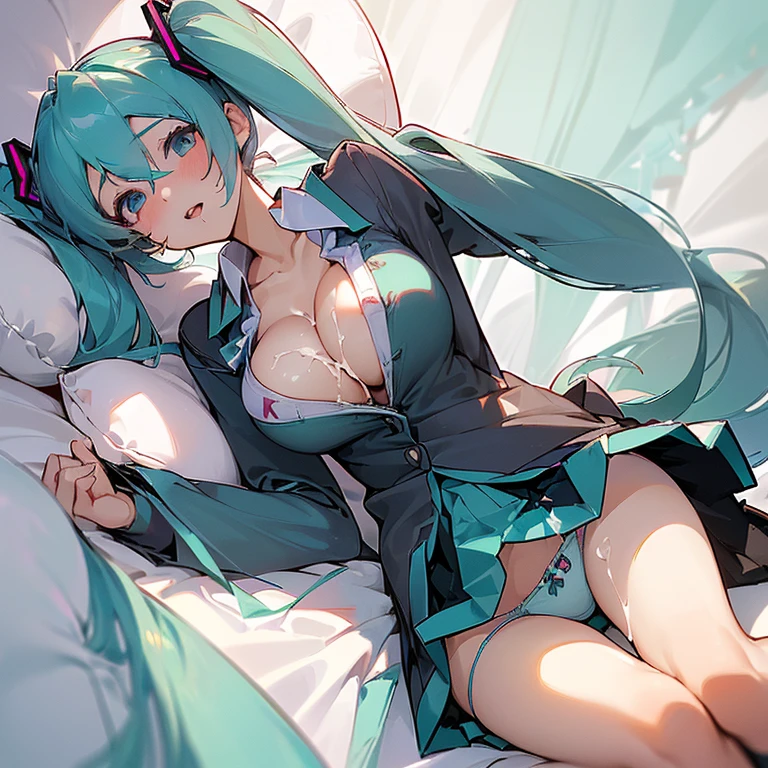 ((Hatsune Miku)), ((huge breasts 1.8)), ((((Emphasize the cleavage 1.3)))), ((((((high school girl uniform 1.9)))))), ((lift up the skirt)),((Lying on bed 1.5)),(no bra),(From Above),(((((Show Panties))))),panting with excitement,((((cum on breast and clothes 1.9))))