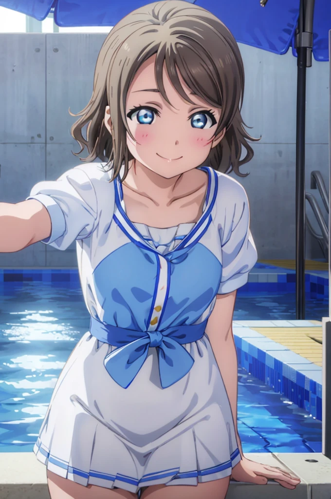 (((pixel-perfect, detail-perfect))), solo, 1girl, you watanabe, smile, underwear, pool