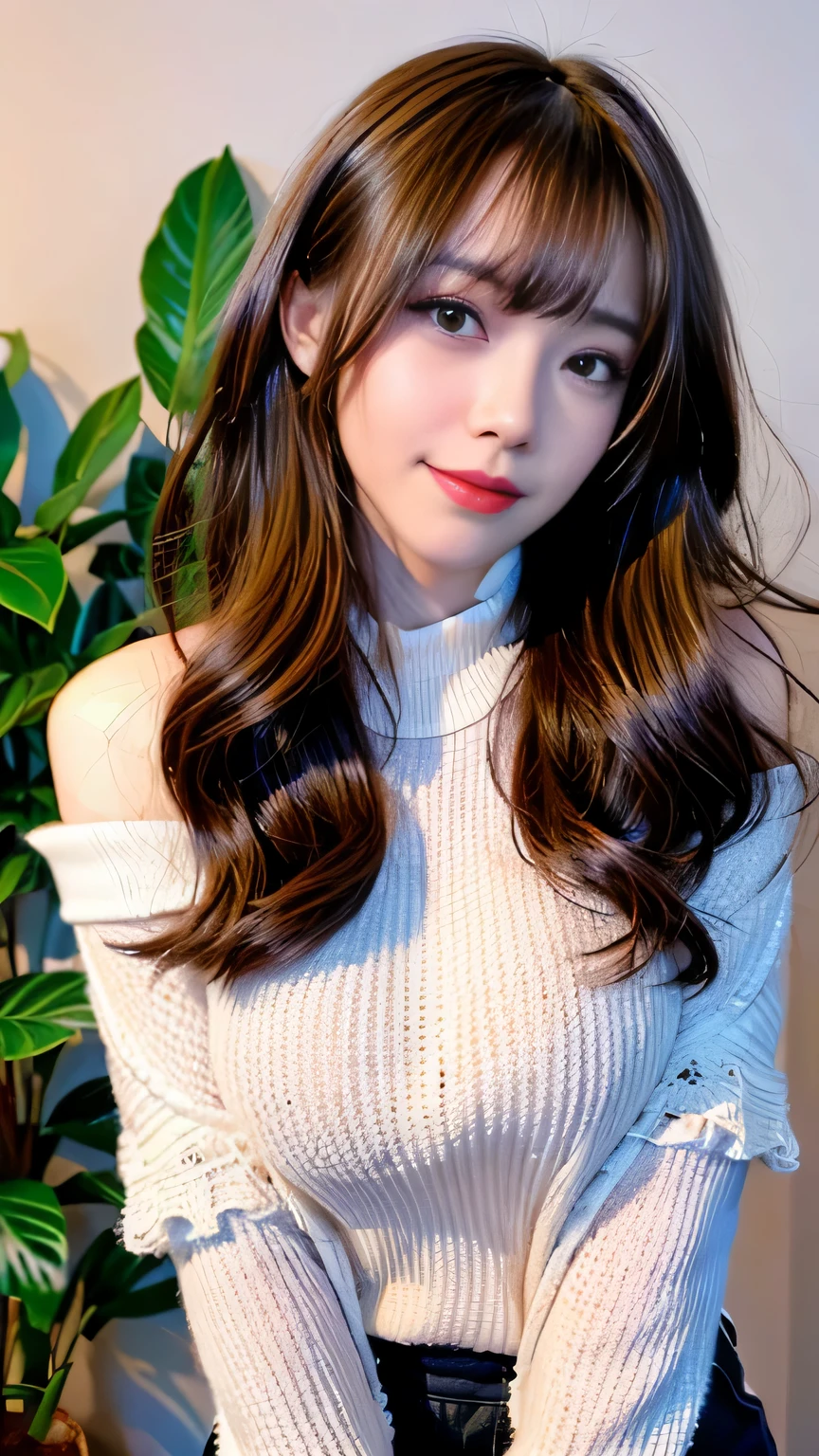 Full Body Angle、((highest quality, 8K, masterpiece: 1.3)), concentrated: 1.2, Cute girl 1,Nipples erect、 Perfect beauty: 1.4,Short sleeve blouse with round neck and frill design in cotton: 1.2,Long sleeve、Randall Color、comics&Text Graphics、Black ruffle-trimmed drawstring zip blouse,1.1, Highly detailed face and skin textures, Fine grain, double eyelid, whitening skin, ,highest quality,Ultra-high resolution,you,1 girl,alone,_Shiny_skin,Iris,necklace,((Brown_length_Wavy_hair)),(lips)),eyelash,Front hair,deal with,compensate,Shiny,pore,skin texture,Large Breasts、smiling face、Game room、