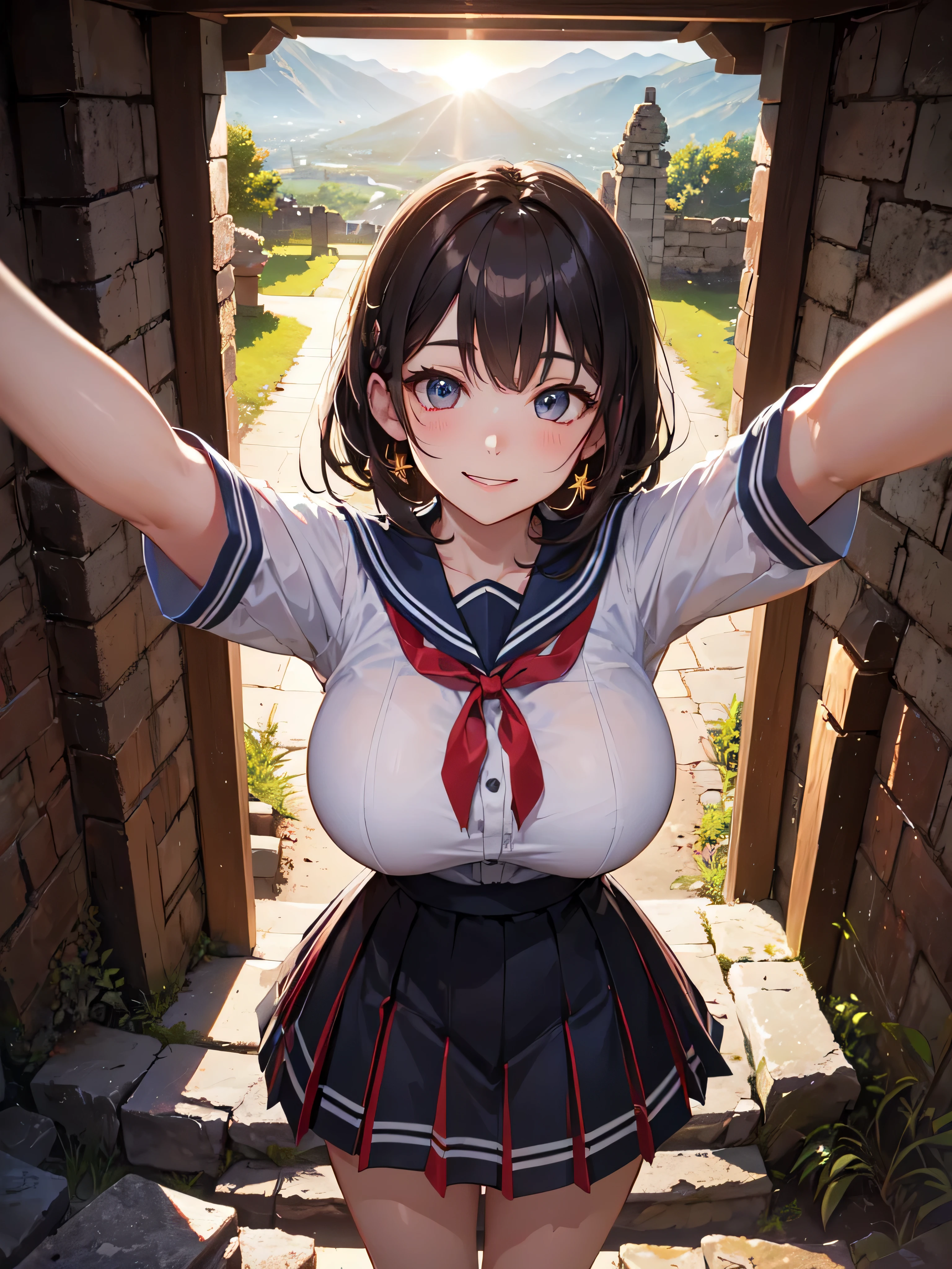 (extremely detailed fine touch:1.2), (natural light, sun light, light rays, dappled light, reflection, shadows, ray tracing:1.2), mature female, hourglass body , Masterpiece, best quality, highly detailed , helen parr, nude , detailed nipples, detailed vagina , thighhighs , detached sleeves, thigh boots, bow , (selfie:1.2) , (from above , smile , open mouth , blush:1.1) , outdoor , vegetation around, Nsfw