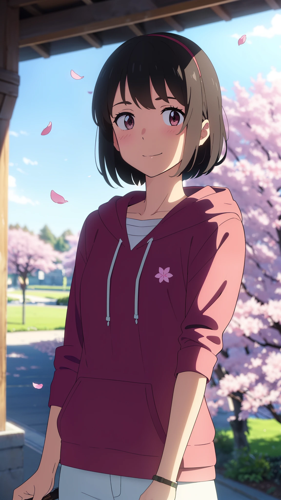 shinkai makoto, kimi no na wa., 1girl, 1boy, bangs, black hair, (boy wear hood, hoodie), ((girl wear hood, hoodie, red headband), blush, brown eyes, red ribbon, short hair, smile, cute, beautiful, love, adorable, couple, dating, looking at the viewer, cherry_blossoms, falling_petals, petals, branch, pink_flower, sky, sunlight, spring_season, wind, tree, upper body