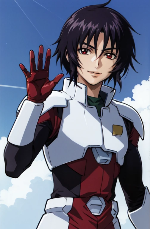 Gundam SEED illustrations, Shin Asuka, Black Hair, Red eyes,Pilot Suit,smile,Air Base,blue sky,waving at viewerfive fingers,solo focus,Handsome,View your viewers