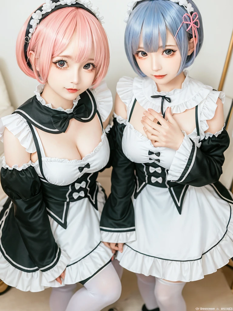 (8K, Photorealistic, Raw photo, of the highest quality: 1.3), (1girl in), Super beautiful, (Realistic face), (boyish, pink Color Berry Shorthair), Beautiful , Glare that captivates the viewer, Beautiful expression, Beautiful breasts, (Realistic skin), Be...Create a detailed and colorful image of Ram and Rem from Re:Zero, standing back-to-back in their maid outfits, with a magical fantasy background、14years old, two girls,cute, perfect face, beautiful, nice body, gothic lolita clothes, gothic lolita fashion, frilly skirt, headdress, necklace, bracelet, knee-high socks, boots, double eyelids, tear bags, Detailed down to the fingers, photo-like description, indoors, dim indoor lighting, one girl is pink hair and short bob, another girl is light blue hair and short bob,standing,whole body, composition that shows the whole body, smiling,The Both of them are wearing the same type of maid outfit,Optimal ratio of 4 fingers and 1 thumb