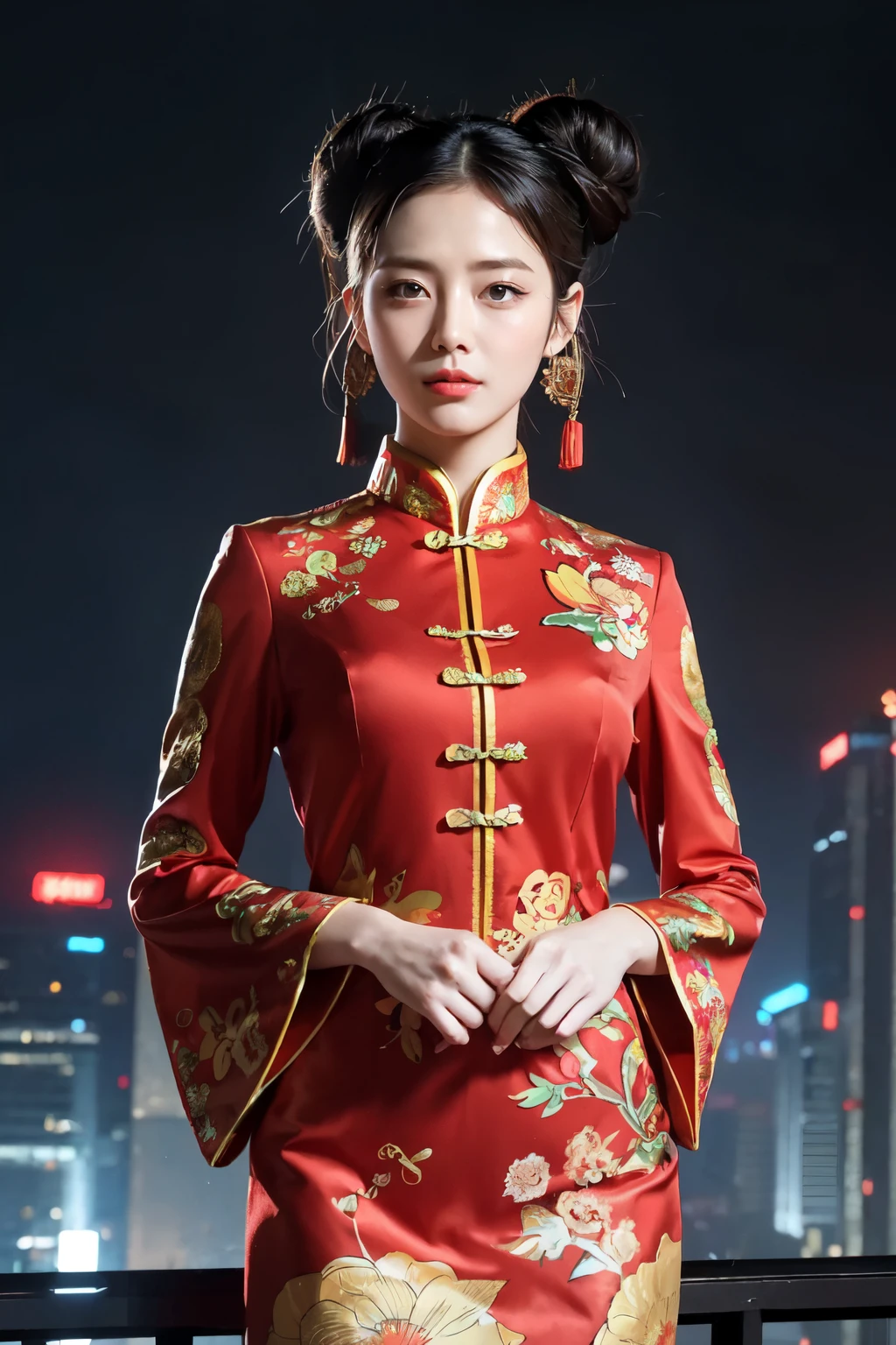 (best quality,ultra-detailed,realistic:1.37), digital illustration, ( woman wearing a chinese traditional costume), detailed eyes and face, beautiful detailed lips, red lips, sexy body, big breasts,long eyelashes, big breasts:1.5, (Close-up photo), captain america wearing a chinese traditional costume, long hair, bun hairstyle, ((Take a photo from below the thigh)),vibrant colors, dramatic lighting, comic book style, woman wearing a chinese costume, position:standing, seductive pose, skyscraper background, view dark sky, tall buildings