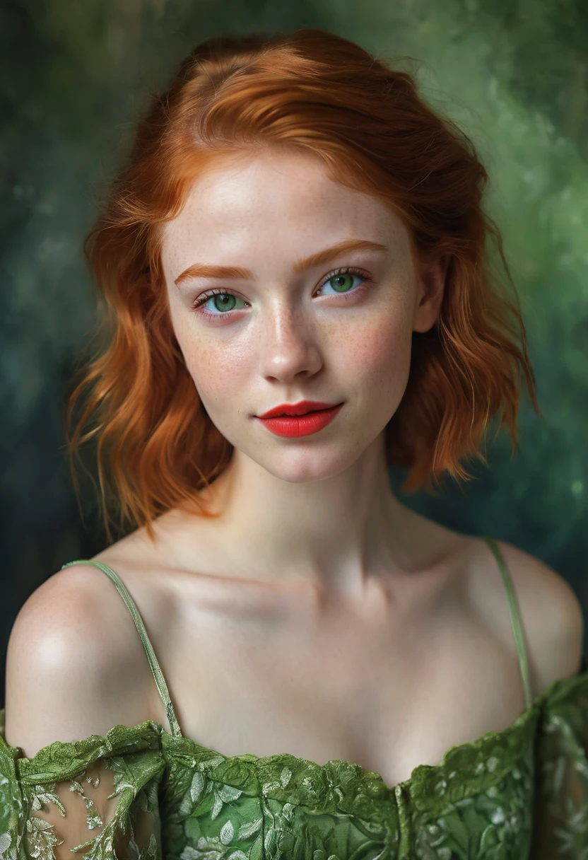 portrait of a beautiful teenager, small breasts, intricate dress, soft smile, red lips, ginger hair, green eyes, realism, digital painting, concept art, smooth, sharp focus, rule of thirds, Style-Psycho