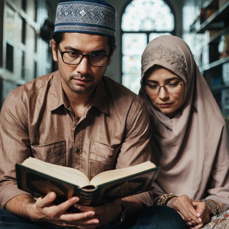 "A peaceful indoor scene of a Muslim couple sitting on a couch, reading the Qur'an together. The woman is wearing a colorful hijab, and the man is dressed in a simple, modest outfit. The room is softly lit, with a small lamp on the side, and there are delicate touches of Islamic decor, like a prayer mat folded in the corner. Their expressions are calm and focused, symbolizing spiritual connection and shared learning."