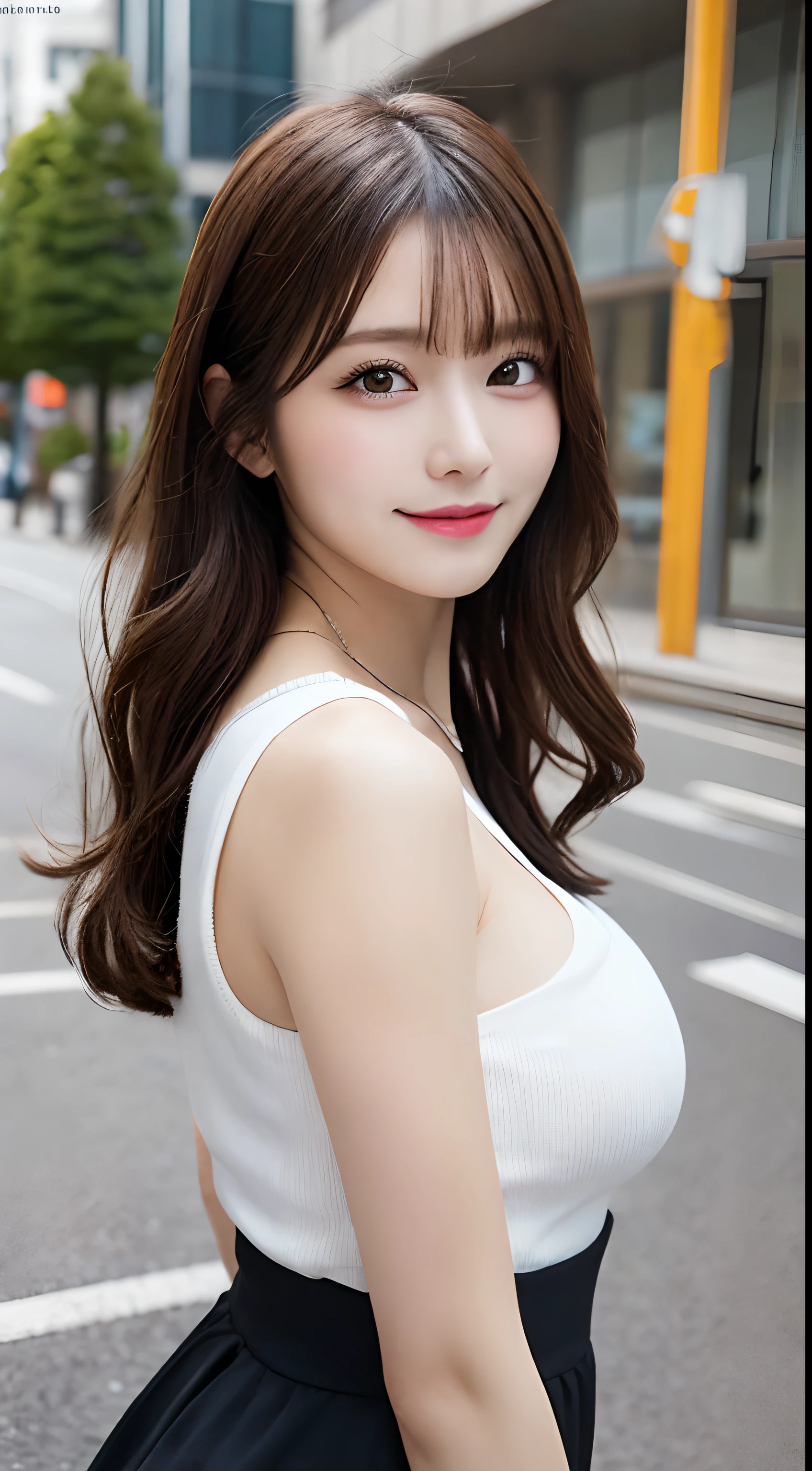 masutepiece, Best Quality, Illustration, Ultra-detailed, finely detail, hight resolution, 8K Wallpaper, Perfect dynamic composition, Beautiful detailed eyes, doress,Medium Hair, Big breasts, Natural Color Lip, Random and sexy poses,Smile,Aoyama Street Walk、20 years girl