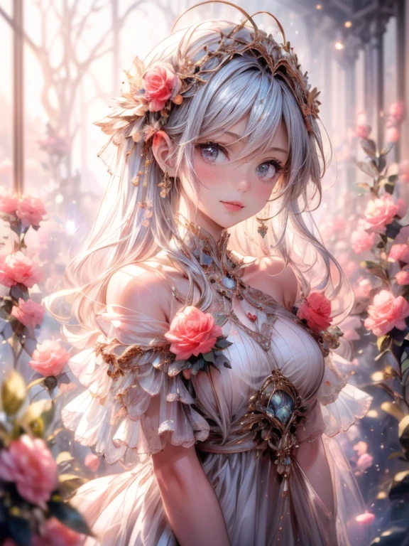 masterpiece: 1.2, highres,32k, photorealistic: 1.37, ultra-detailed: 1.2, flower fairy, crimson transparent dress (flowing), beautiful delicate(hair,face,eyes,lips,thigh,clothes),delicate pupils,sparkling eyes,brilliant rosy lips,classic garden, colorful flowers, shower of light