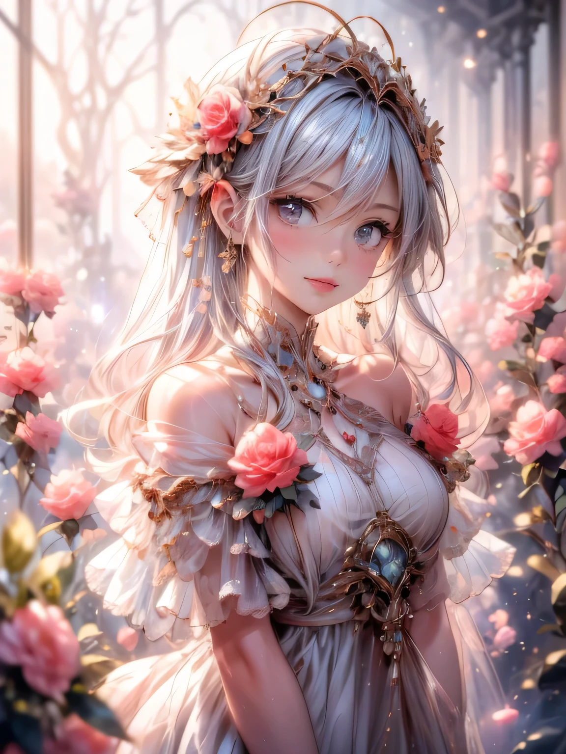 masterpiece: 1.2, highres,32k, photorealistic: 1.37, ultra-detailed: 1.2, flower fairy, crimson transparent dress (flowing), beautiful delicate(hair,face,eyes,lips,thigh,clothes),delicate pupils,sparkling eyes,brilliant rosy lips,classic garden, colorful flowers, shower of light