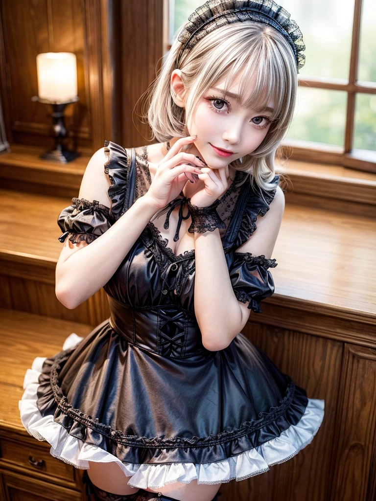 (8K, Photorealistic, Raw photo, of the highest quality: 1.3), (1girl in), Super beautiful, (Realistic face), (boyish, Silver Color Berry Shorthair), Beautiful , Glare that captivates the viewer, Beautiful expression, Beautiful breasts, (Realistic skin), Be...Super high quality, super high definition, super detailed, masterpiece, 20years old, female, cute, perfect face, beautiful, nice body, gothic lolita clothes, gothic lolita fashion, frilly skirt, headdress, necklace, bracelet, knee-high socks, boots, double eyelids, tear bags, Detailed down to the fingers, photo-like description, indoors, dim indoor lighting, blonde hair, short bob, standing, whole body, composition that shows the whole body, smiling