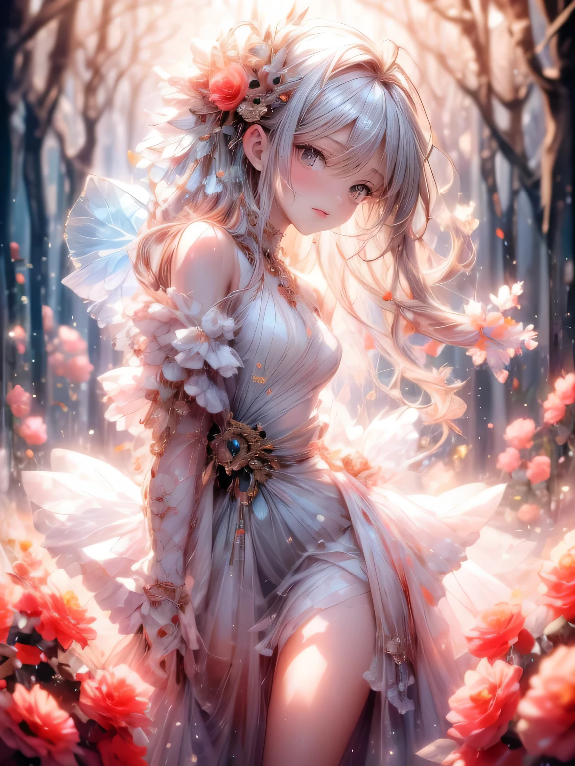 masterpiece: 1.2, highres,32k, photorealistic: 1.37, ultra-detailed: 1.2, flower fairy, crimson transparent dress (flowing), beautiful delicate(hair,face,eyes,lips,thigh,clothes),delicate pupils,sparkling eyes,brilliant rosy lips,classic garden, colorful flowers, shower of light