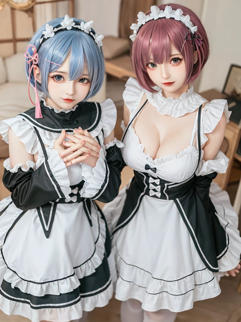 (8K, Photorealistic, Raw photo, of the highest quality: 1.3), (1girl in), Super beautiful, (Realistic face), (boyish, pink Color Berry Shorthair), Beautiful , Glare that captivates the viewer, Beautiful expression, Beautiful breasts, (Realistic skin), Be...Create a detailed and colorful image of Ram and Rem from Re:Zero, standing back-to-back in their maid outfits, with a magical fantasy background、14years old, two girls,cute, perfect face, beautiful, nice body, gothic ta clothes, gothic loliashion, frilly skirt, headdress, necklace, bracelet, knee-high socks, boots, double eyelids, tear bags, Detailed down to the fingers, photo-like description, indoors, dim indoor lighting, one girl is pink hair and short bob, another girl is light blue hair and short bob,standing,whole body, composition that shows the whole body, smiling,The Both of them are wearing the same type of maid outfit,Optimal ratio of 4 fingers and 1 thumb