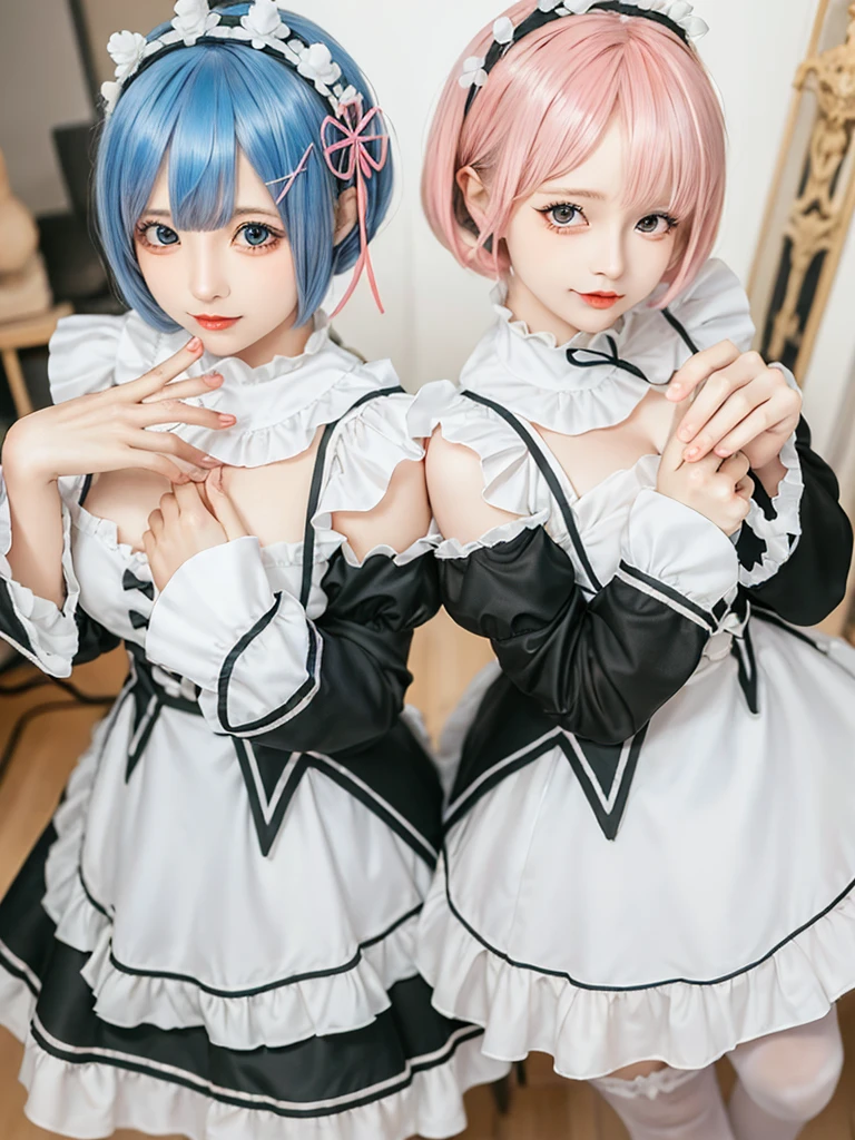 (8K, Photorealistic, Raw photo, of the highest quality: 1.3), (1girl in), Super beautiful, (Realistic face), (boyish, pink Color Berry Shorthair), Beautiful , Glare that captivates the viewer, Beautiful expression, Beautiful breasts, (Realistic skin), Be...Create a detailed and colorful image of Ram and Rem from Re:Zero, standing back-to-back in their maid outfits, with a magical fantasy background、14years old, two girls,cute, perfect face, beautiful, nice body, gothic ta clothes, gothic loliashion, frilly skirt, headdress, necklace, bracelet, knee-high socks, boots, double eyelids, tear bags, Detailed down to the fingers, photo-like description, indoors, dim indoor lighting, one girl is pink hair and short bob, another girl is light blue hair and short bob,standing,whole body, composition that shows the whole body, smiling,The Both of them are wearing the same type of maid outfit,Optimal ratio of 4 fingers and 1 thumb