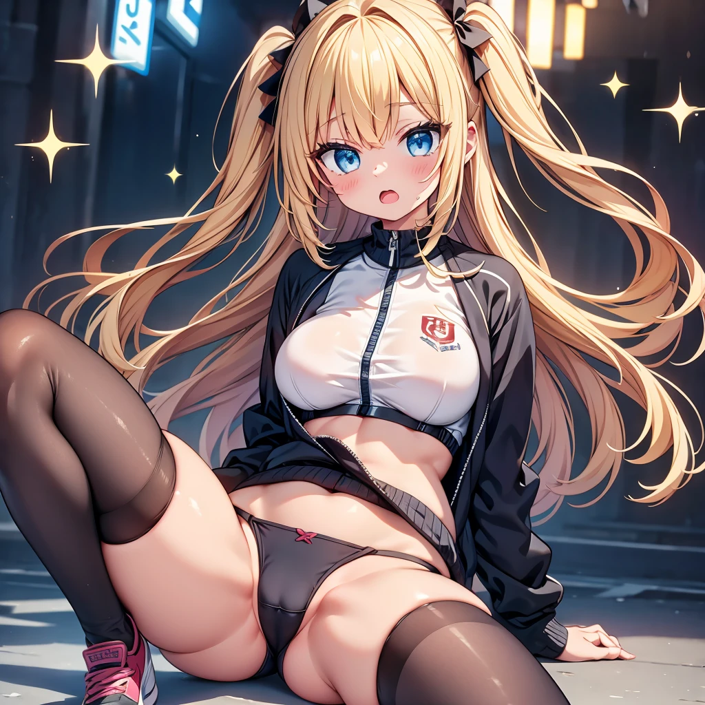 (cute eyes:1.2), (sparkling eyes:1.2), highest quality,wonderful,finely,extremely detailed CG Unity 8K wallpaper, (girl, track suit, clothed), (midium breasts), (open mouth:1.1), (long tongue:1.1), (mouth drool:1.1), (black stockings:1.1),(Thighs:1.1),(Waistline:1.1)