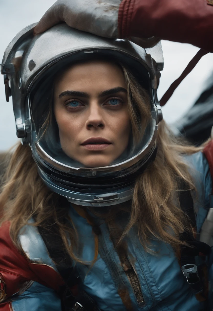 A female astronaut in an accident, crashed, lying on a seashore, stretched out to her full height, the glass of her helmet is broken, her face is covered with bruises, one eye is closed, there is a haematoma under her eye, a drop of blood is dripping from her nose, her spacesuit is torn around her chest and abdomen, her chest and abdomen are partially exposed, the boots on her feet are burnt and torn, the gloves on her hands are torn, sad face of actress Cara Delevingne, big blue eyes, small breasts, red nipples, red scars on her stomach.  horror film, sci-fi movie, unbuttoned space suit, photo-realistic portret actress Cara Delevingne, right female anatomy, Here Tongue out from the mouth, beeding from the Her nose. Shattered helmet.
Her torn and ripped underwear, fragments of which are visible under the  costume