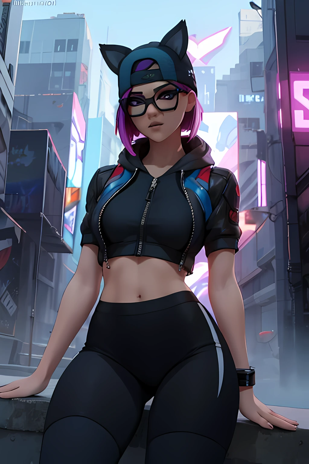😻 lynx Cyberpunk, Noche, pulsera de picos,gorro , shorts negro con Azul leggins Negro ,chaqueta azul oscuro ,Extremadamente detallado, rostro detallado, gafas ,hermoso rostro, ojos finos, mirando al espectador, dynamic pose