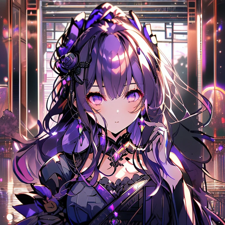 (highest quality,High resolution,Super detailed,wonderful,Attention to detail)Purple Hair,Long Hair,Curly Hair,Purple Eyes,Sharp Eyes,Earrings,Cinema Lighting,Having macarons,ponytail,gorgeous,gem,Afternoon tea,tea time,Queen,Black Nails,gothic  dress,Rose Garden,