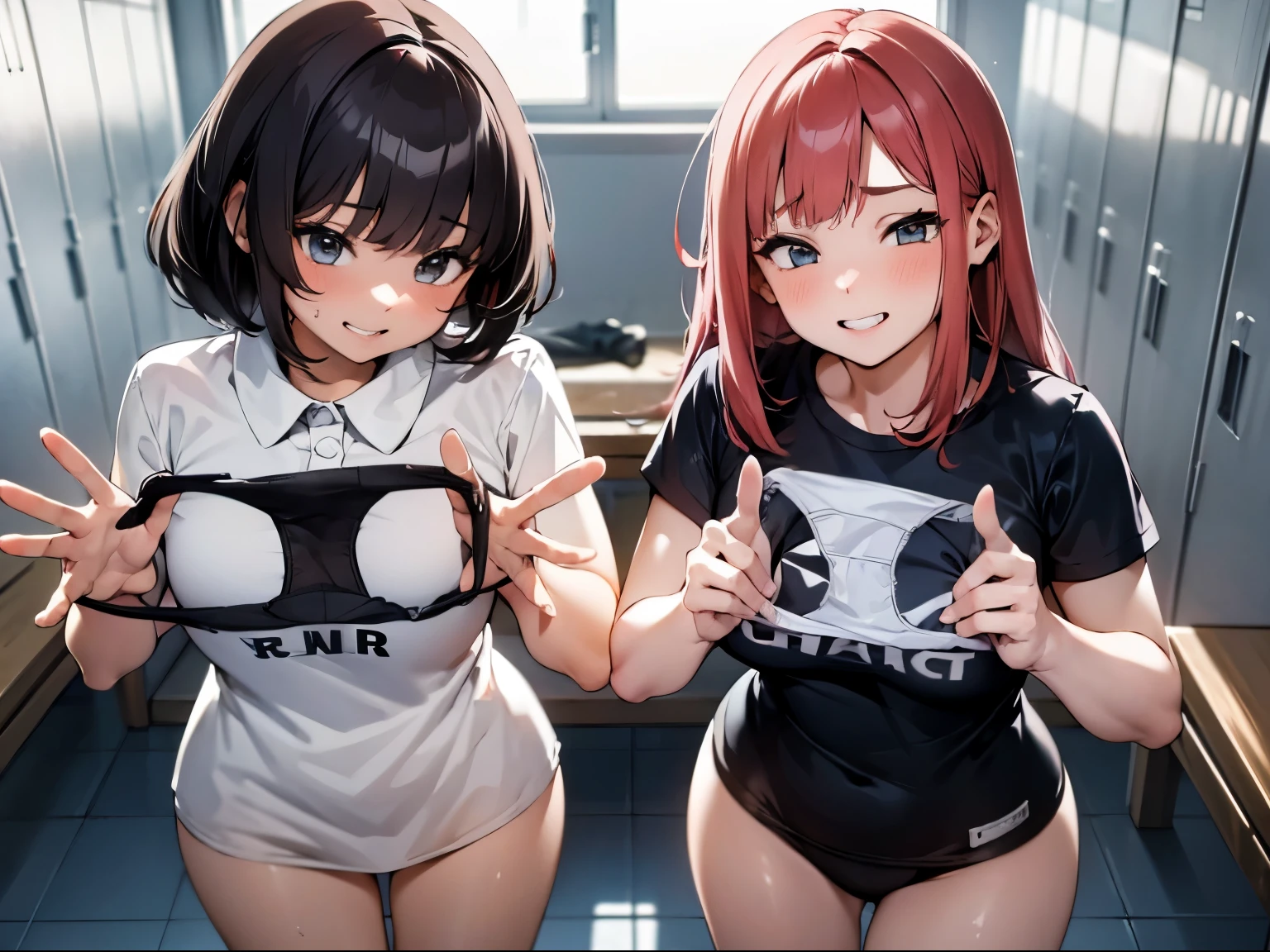 Two Girls,School Swimsuit, ,Same fit, Pay attention to the panties,Quality underwear,Look down,View your viewers,From below,Mischievous Smile,Panties as a gift,
{{{Scary:1.5}}},Grin,,Hmph, Shirt lift,Tabletop, highest quality, , Absurd, Perfect Skin, Detailed skin texture, Ultra-detailed, 8k, Intricate details, Beautifully detailed face,High resolution,
,{{{Shadowed face}}},locker room,Dust Box,from the front,View your viewers,22 years old