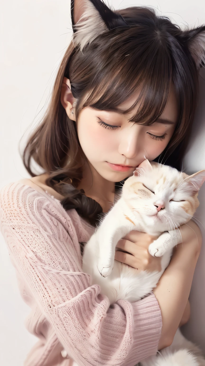masterpiece, 4K, Bokeh, (cute:1.5), (beautiful girl:1.3), (Japanese Idols:1.6), (Cat ear:1.3) , (sweater:1.3), (I like cats:1.6), Blushed, (Holding a sleeping white cat:1.5), (Kiss the cat:1.3), (White Background :1.4),